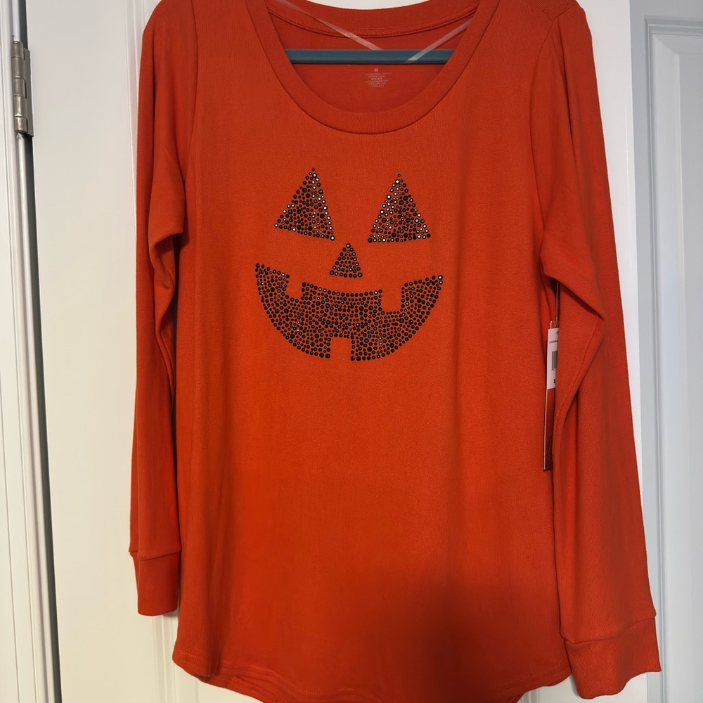 French Laundry Orange Pumpkin Face Long Sleeve Tee Women’s M